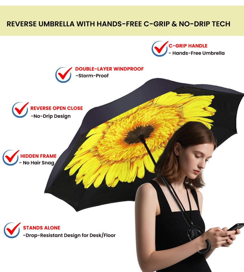 SIEPASA 49/56 Inch Inverted Reverse Upside Down Umbrella, Extra Large Double Canopy Vented Windproof Waterproof Stick Golf Umbrellas with C-shape Handle.(Yellow Daisies, 49 Inch) - Image 3